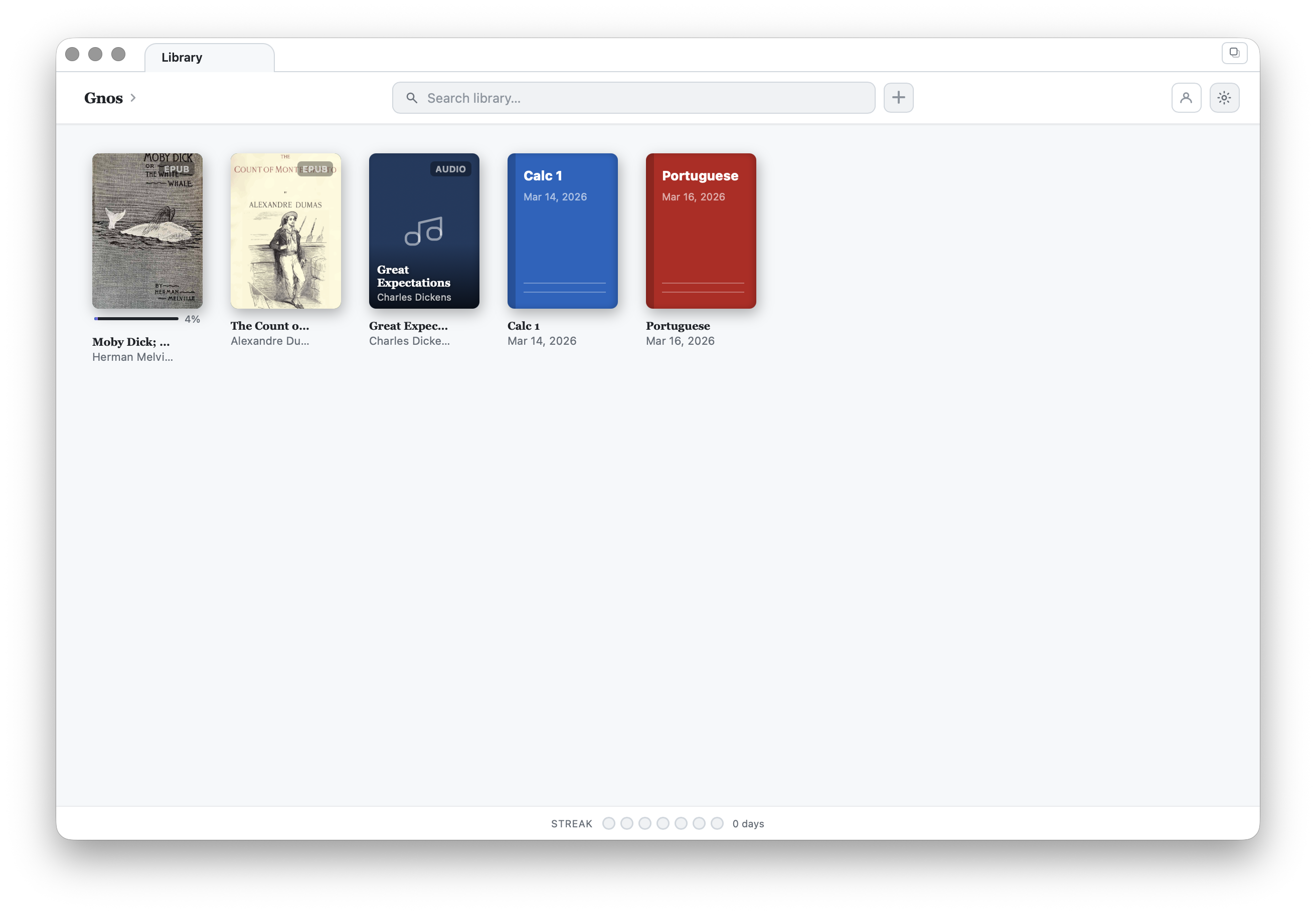 Gnos library view showing books, audiobooks, and notebooks
