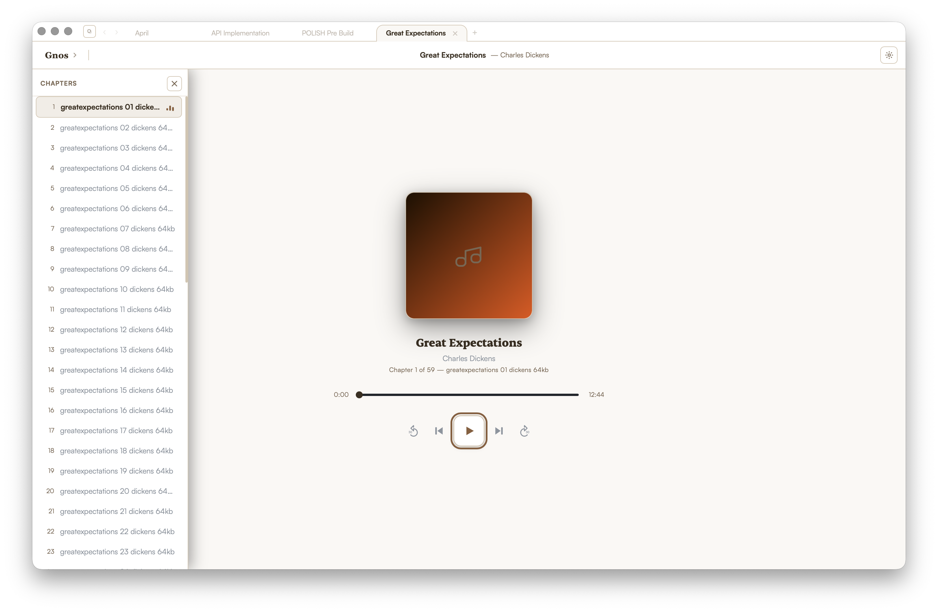 Gnos audiobook player — Great Expectations with chapter list