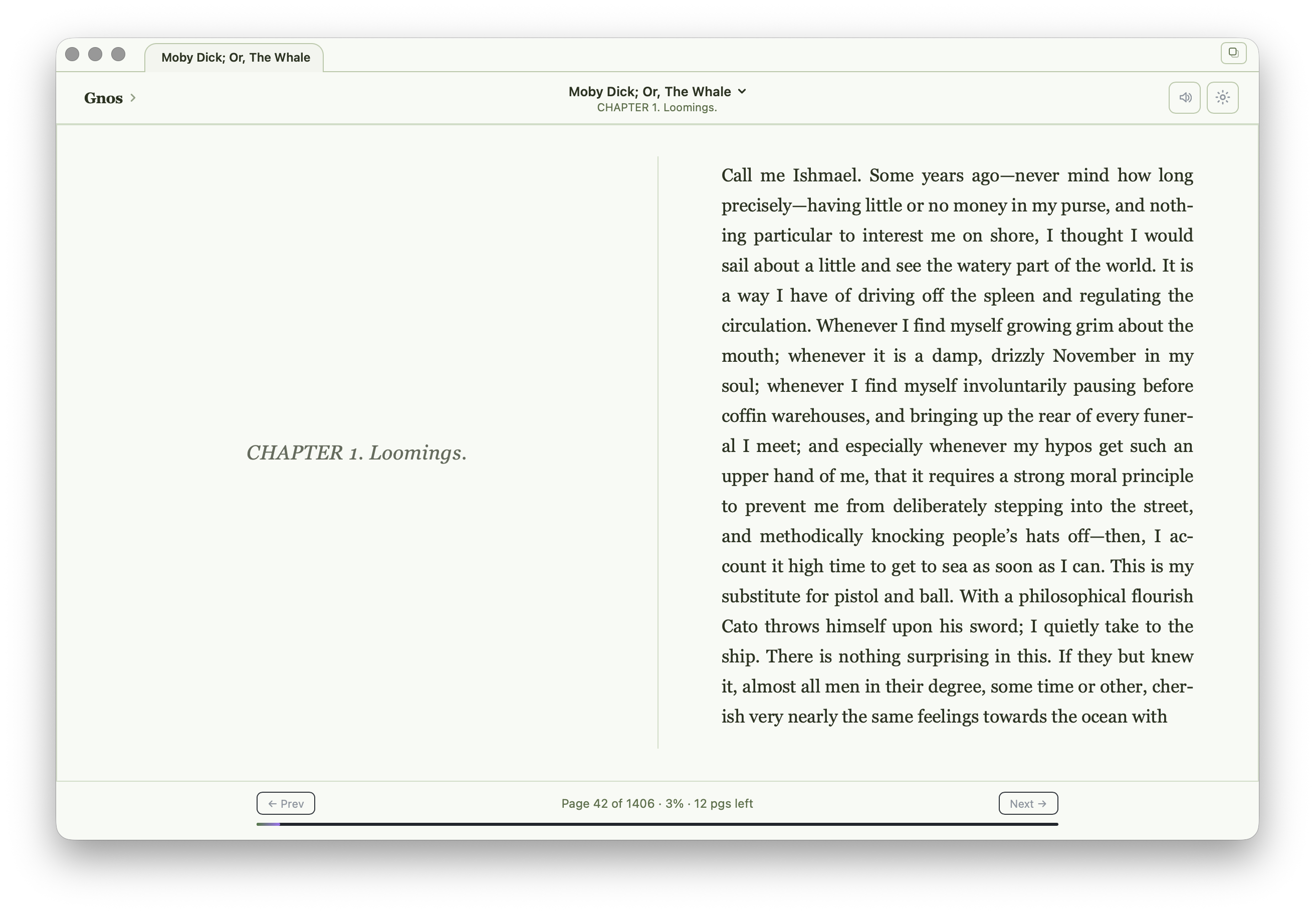 Gnos e-reader — Moby Dick in clean two-column layout